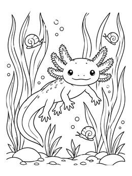 A smiling axolotl coloring page with snails and tall grass.