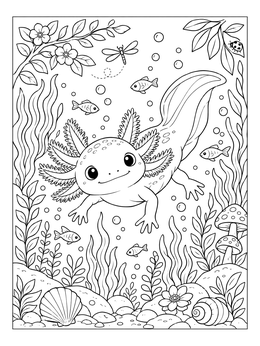 Free printable Cute Axolotl Swimming Underwater coloring page
