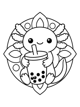 A sweet axolotl coloring page featuring a smiling axolotl holding a large boba drink.