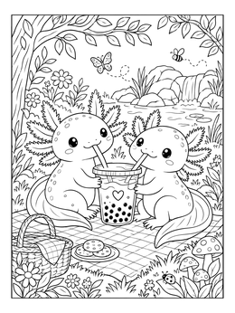 Two friendly axolotls drinking bubble tea on an axolotl coloring page outdoors.