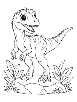 A cute baby allosaurus coloring page standing happily on a rock.