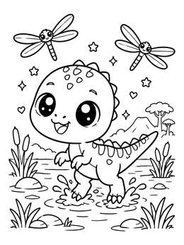 Free printable Cute Baby Dinosaur Splashing In Water coloring page