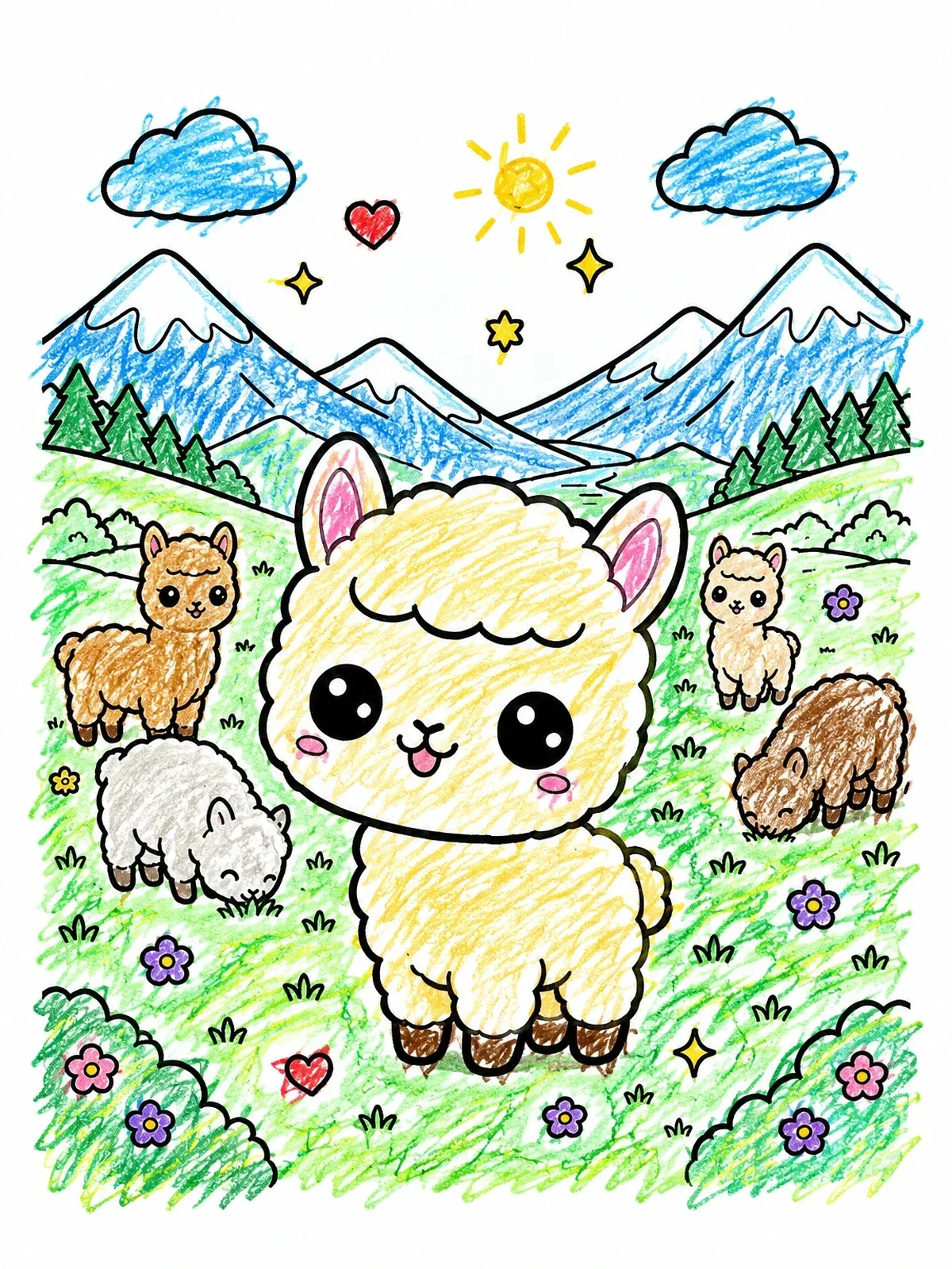 Colored example of the Cute Baby Alpaca In Mountain Meadow coloring page