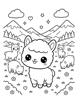 A sweet alpaca coloring page with baby alpacas grazing in front of snowy mountains.