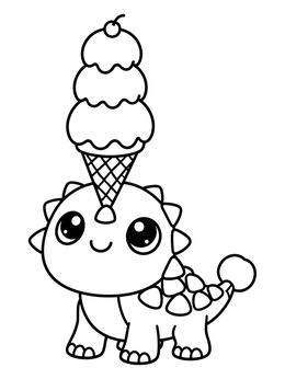 An adorable baby ankylosaurus coloring page balancing an ice cream cone on its snout.