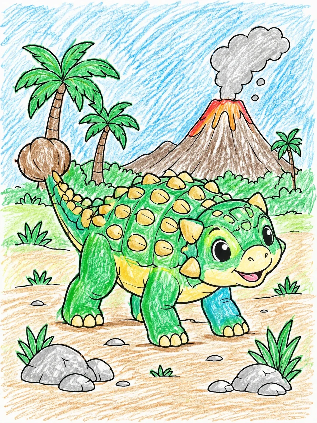 Colored example of the Cute Ankylosaurus Near A Volcano coloring page