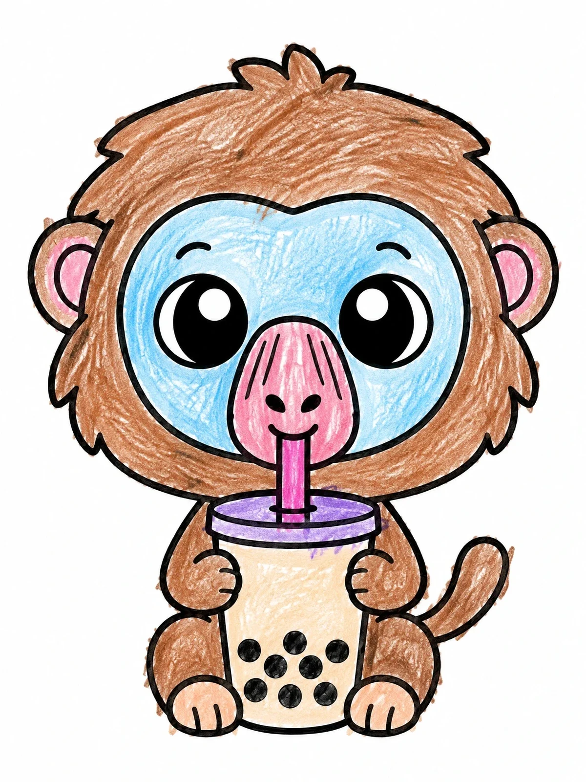 Colored example of the Cute Baby Baboon Drinking Boba Tea coloring page