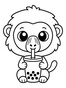A cute baboon coloring page showing a little monkey happily sipping boba tea through a straw.