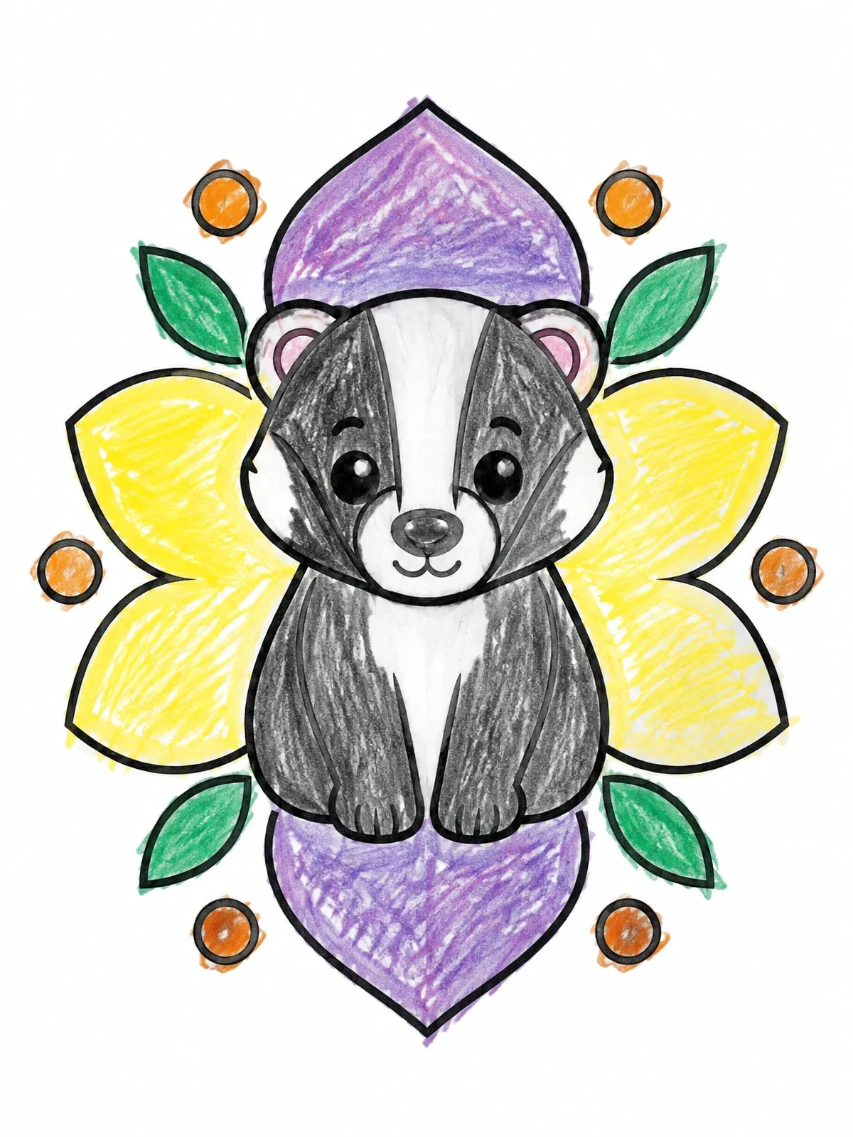 Colored example of the Cute Baby Badger Mandala coloring page
