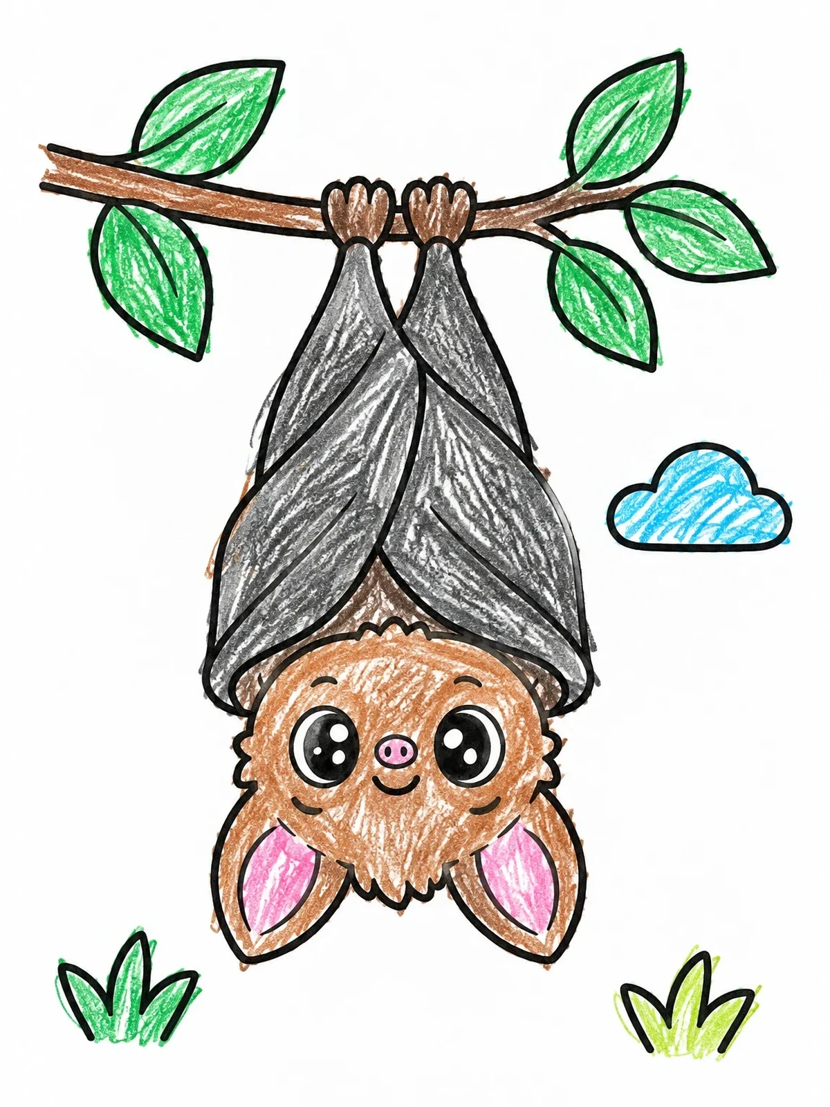 Colored example of the Cute Baby Bat Hanging Upside Down coloring page