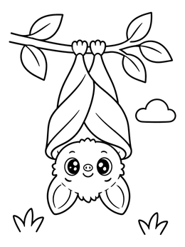 Free printable Cute Baby Bat Hanging Upside Down coloring page