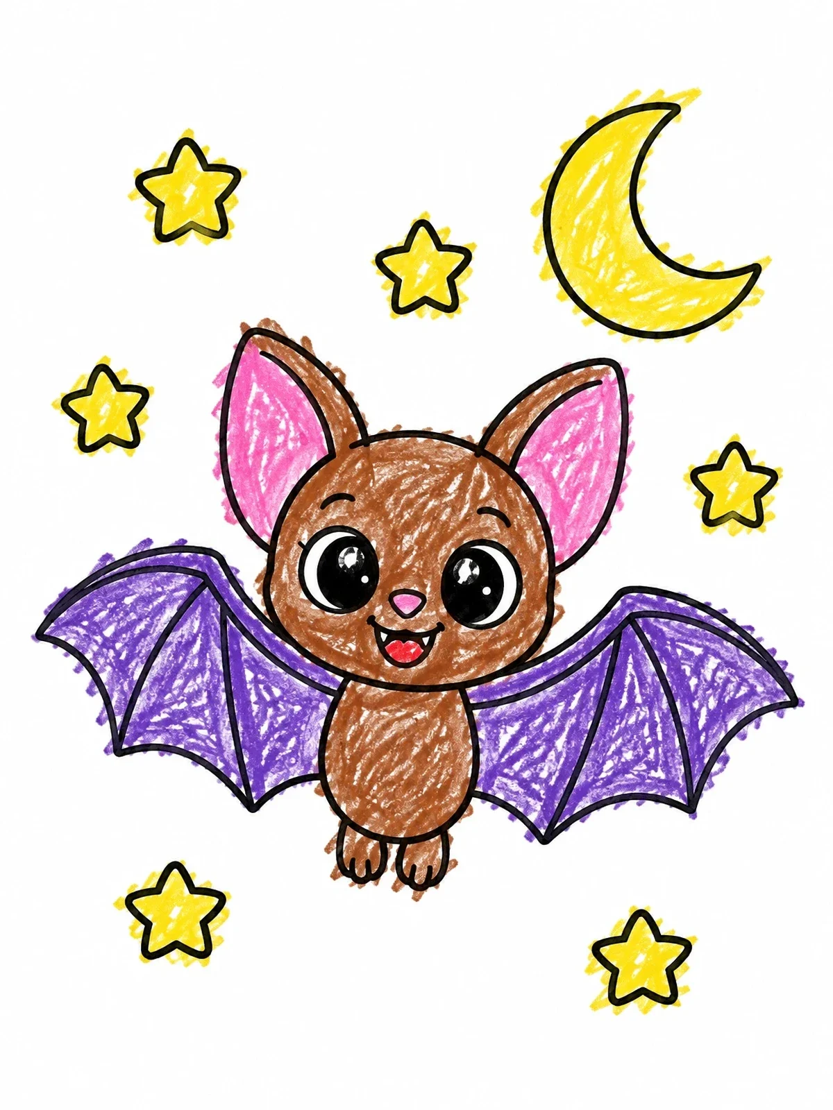 Colored example of the Cute Baby Bat Under The Moon coloring page