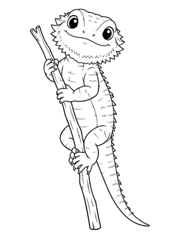 A cute bearded dragon coloring page featuring a baby lizard climbing a twig.