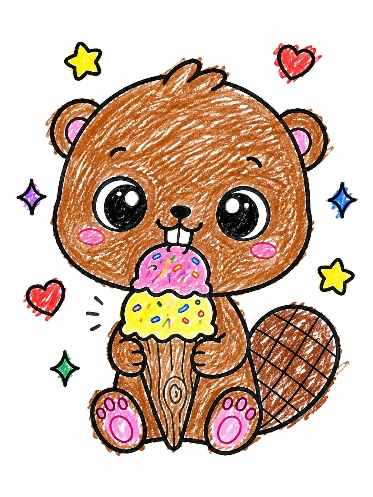 Colored example of the Cute Baby Beaver With Ice Cream coloring page