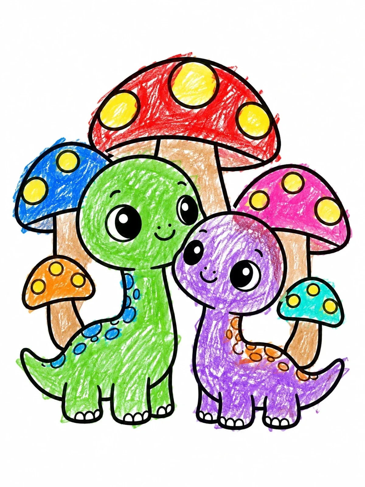 Colored example of the Cute Baby Brontosauruses With Mushrooms coloring page
