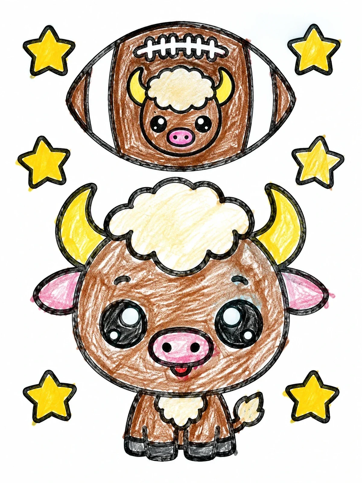 Colored example of the Cute Buffalo And Football With Stars coloring page