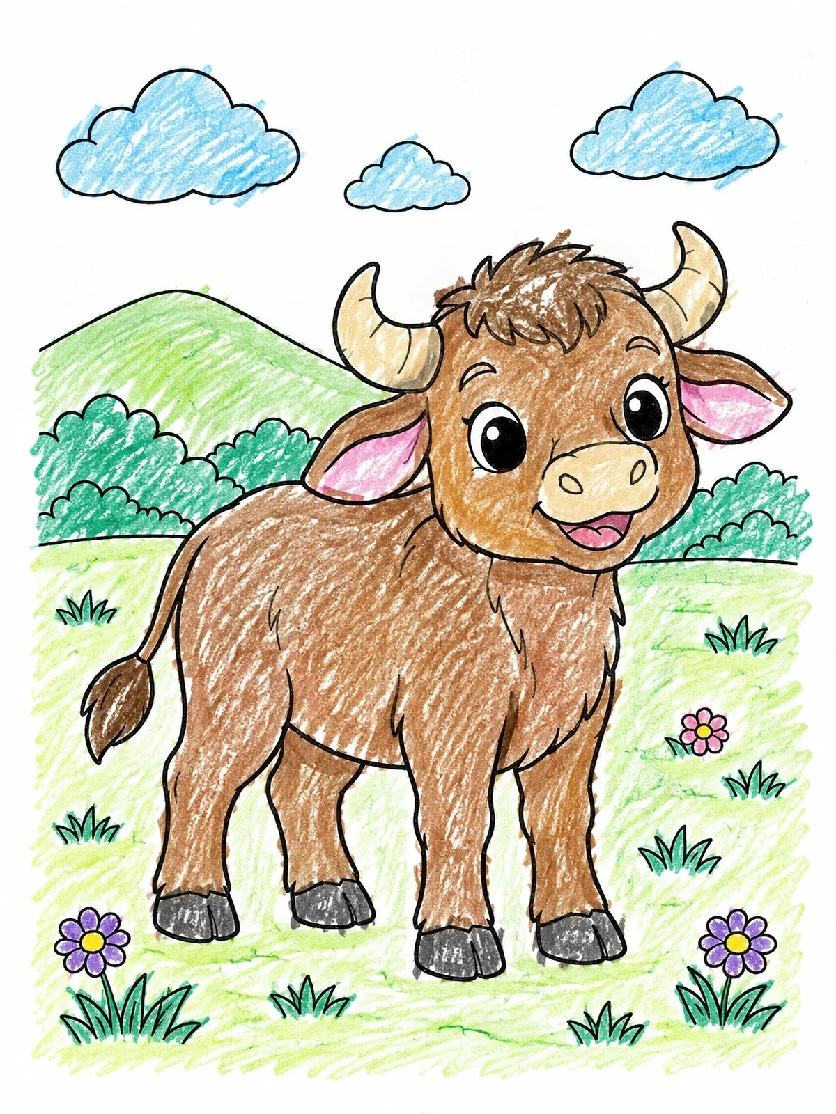 Colored example of the Cute Baby Buffalo In Meadow coloring page