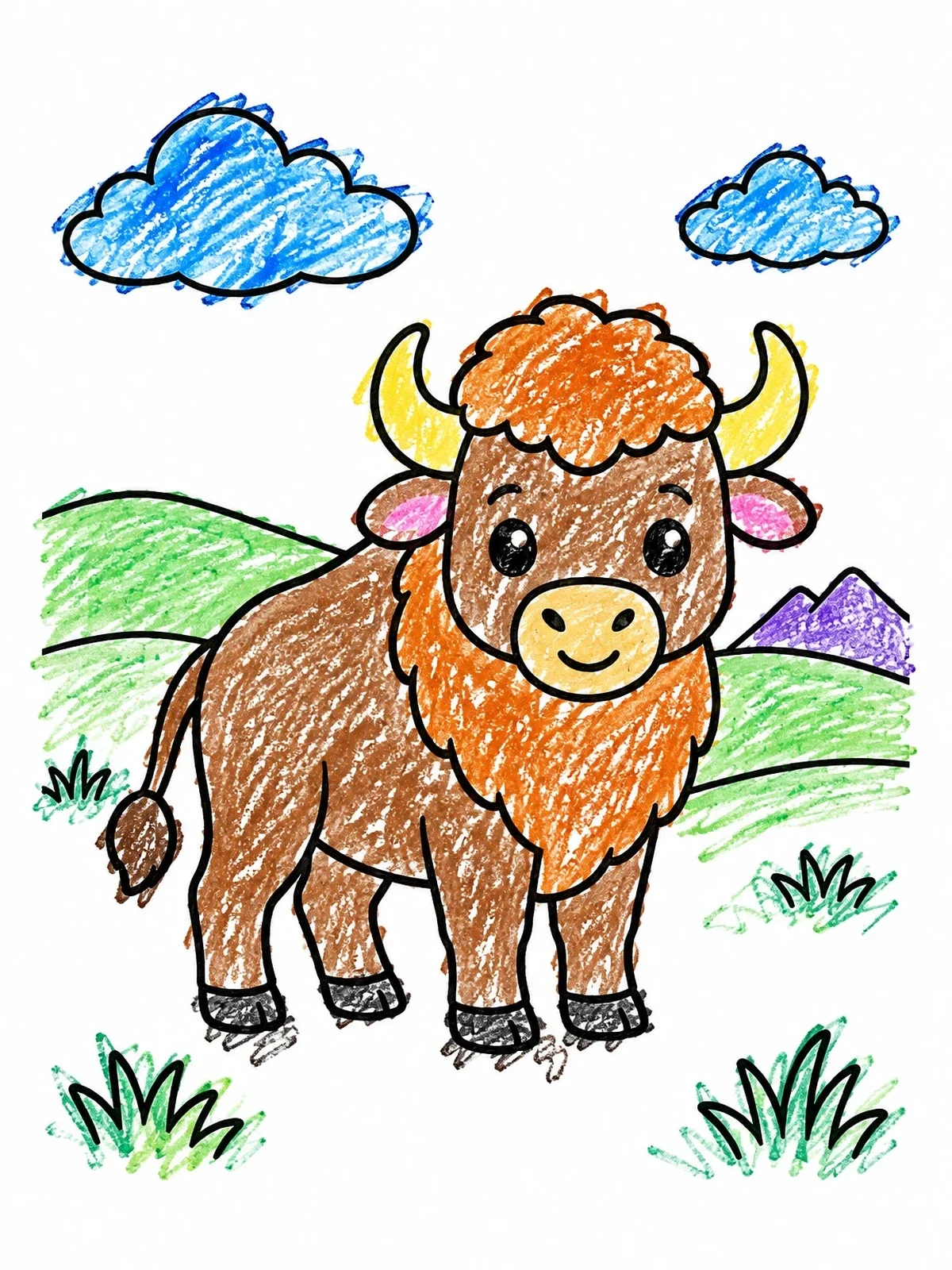 Colored example of the Cute Baby Buffalo On The Prairie coloring page
