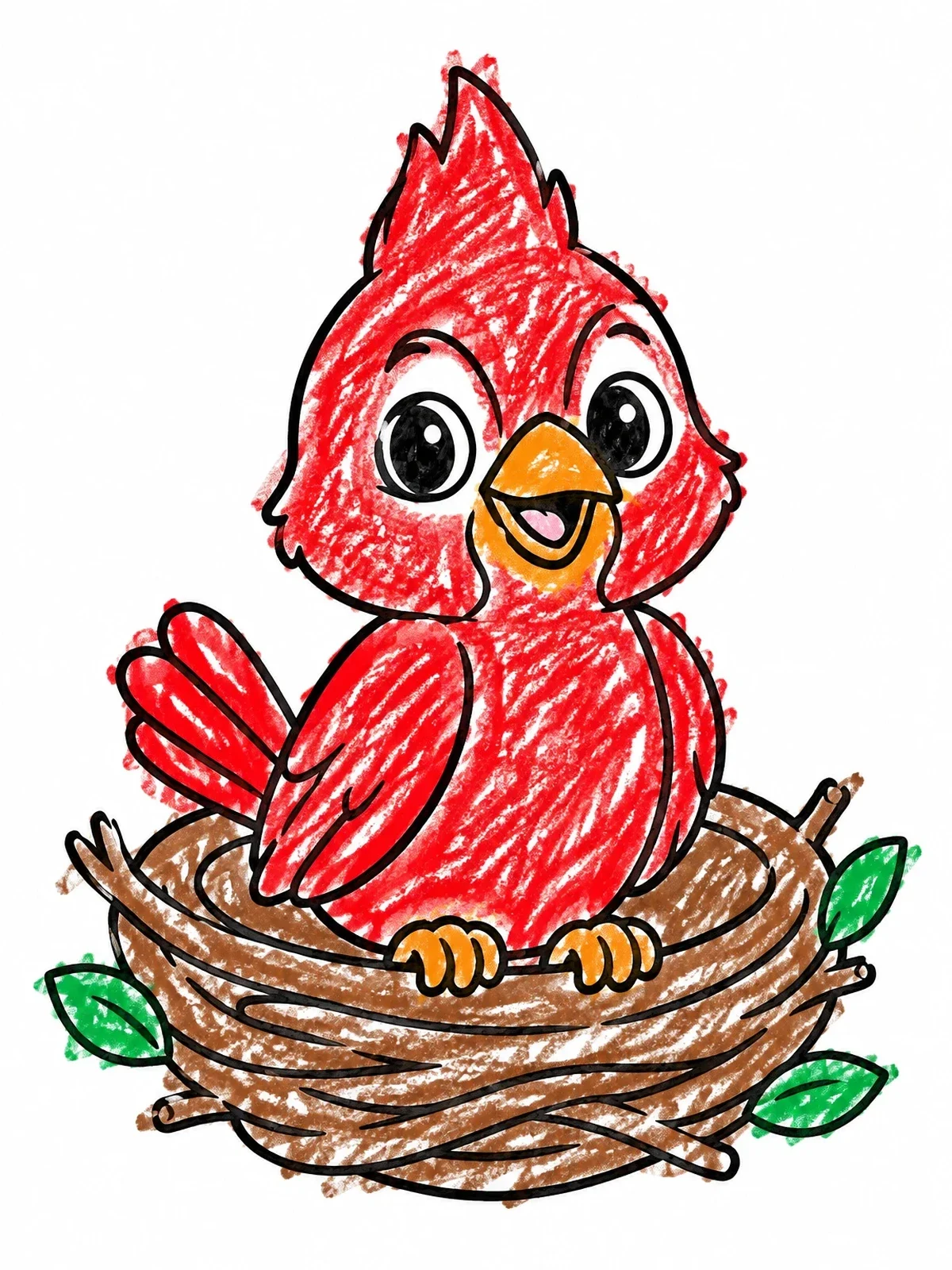 Colored example of the Cute Baby Cardinal In Nest coloring page