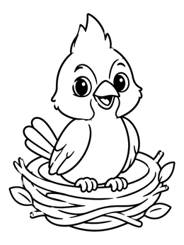 A cheerful baby cardinal coloring page featuring a chick perched happily inside a cozy twig nest.