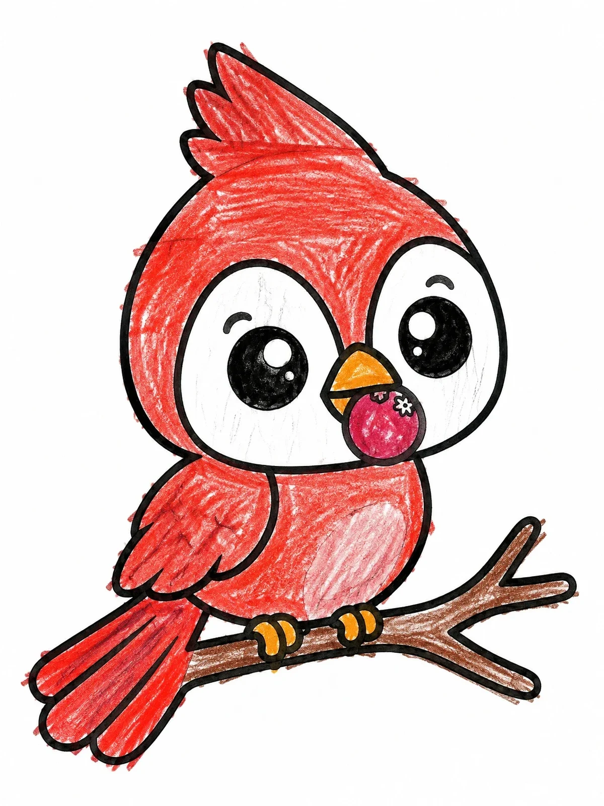 Colored example of the Cute Baby Cardinal With Berry coloring page