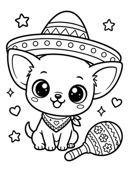 A chihuahua coloring page of a cute puppy wearing a sombrero next to a maraca.