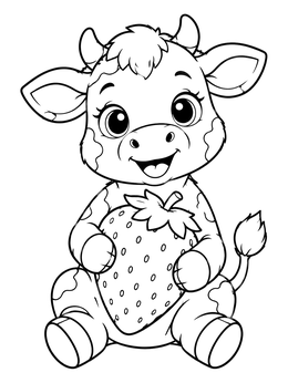 Free printable Cute Baby Cow With Giant Strawberry coloring page