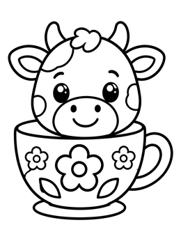 A cute cow coloring page featuring a smiling calf sitting inside a decorated teacup.