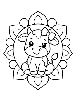 A sweet baby cow coloring page sitting inside a floral circular frame.