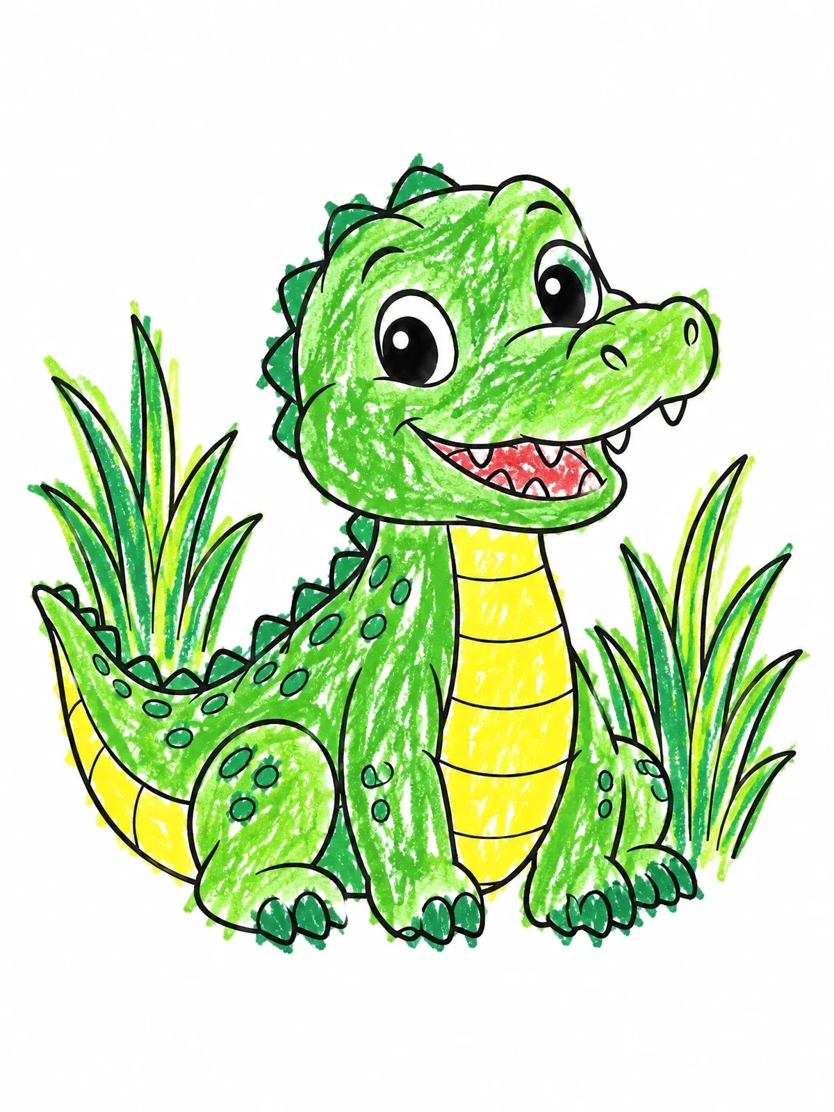 Colored example of the Cute Baby Crocodile Smiling By Grass coloring page