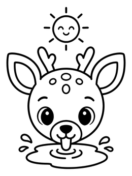 A happy fawn drinks from a puddle under the sun in this deer coloring page.