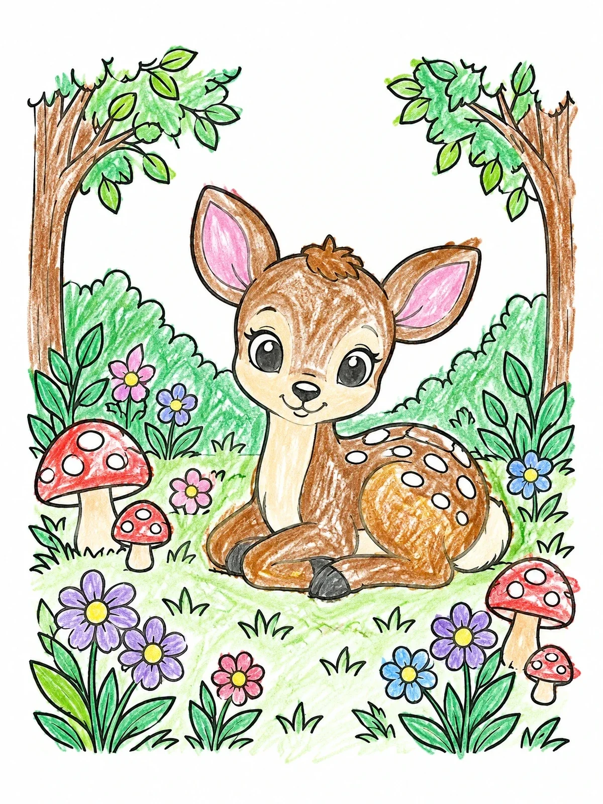 Colored example of the Cute Baby Deer In Forest Clearing coloring page