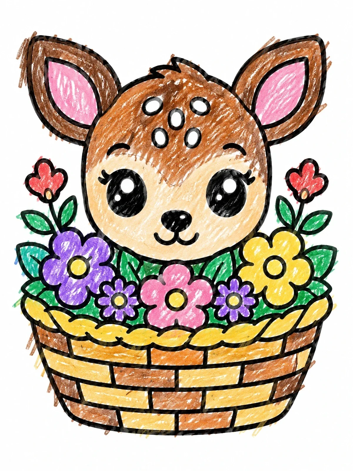 Colored example of the Cute Baby Deer In Flower Basket coloring page