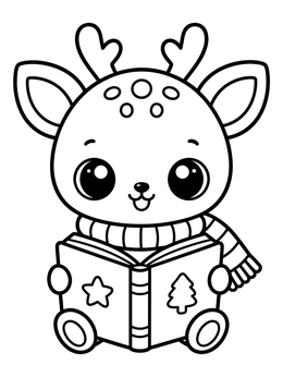 A deer coloring page showing an adorable fawn wearing a striped scarf and holding a picture book.