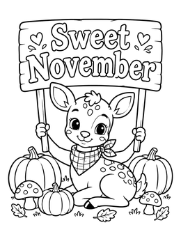 A sweet baby deer holding a wooden sign on this cute november coloring page.