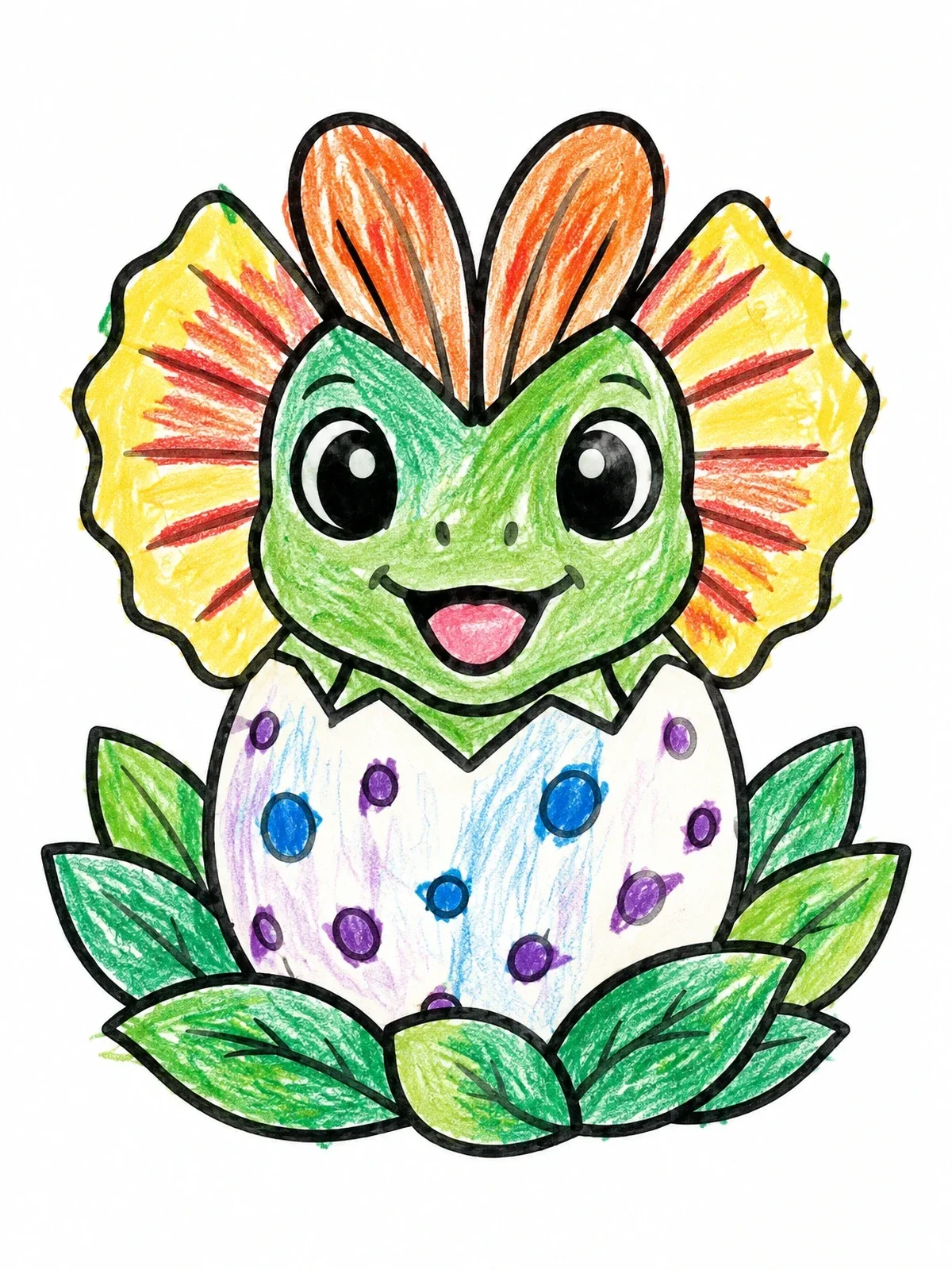 Colored example of the Cute Baby Dilophosaurus Hatching coloring page