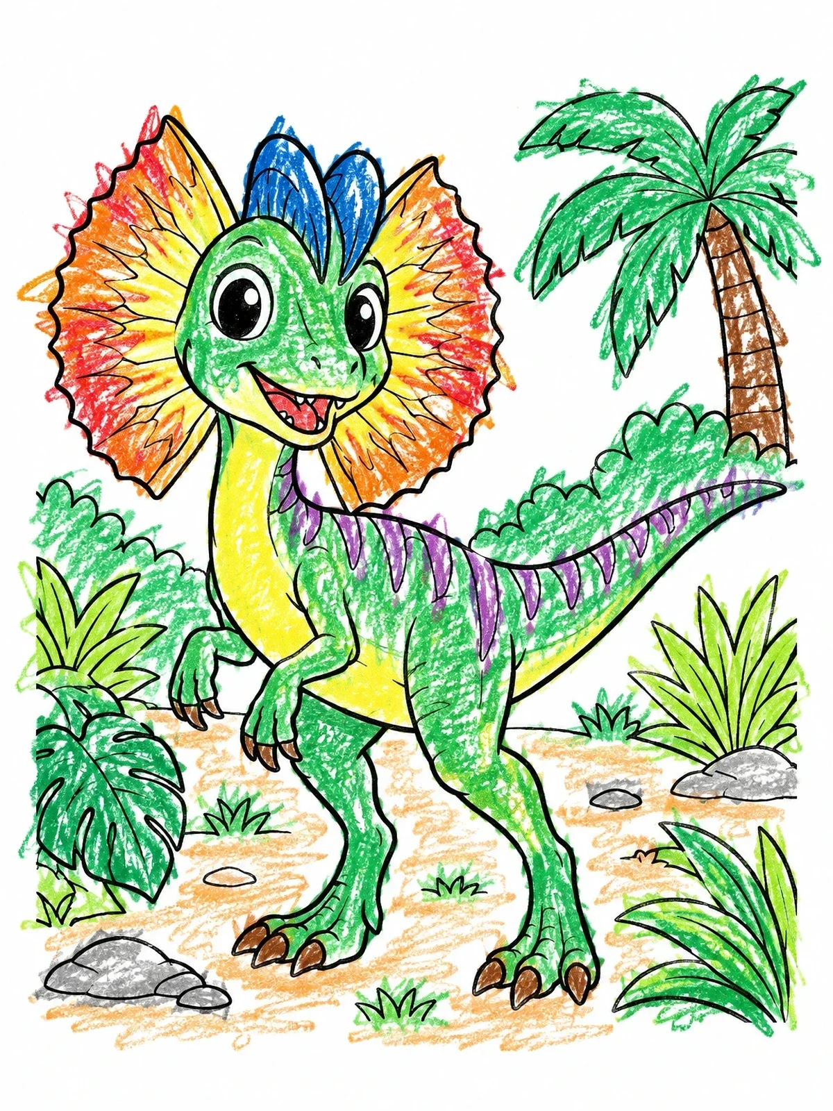 Colored example of the Cute Baby Dilophosaurus In Jungle coloring page
