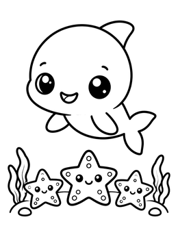 Free printable Cute Baby Dolphin And Starfish coloring page