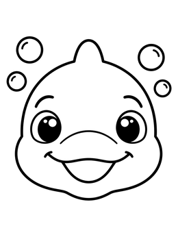 A cheerful baby dolphin coloring page featuring big eyes and floating underwater bubbles.