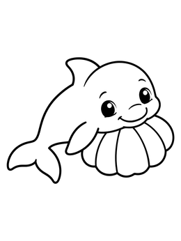 A sweet dolphin coloring page showing a baby dolphin resting comfortably on a large seashell.