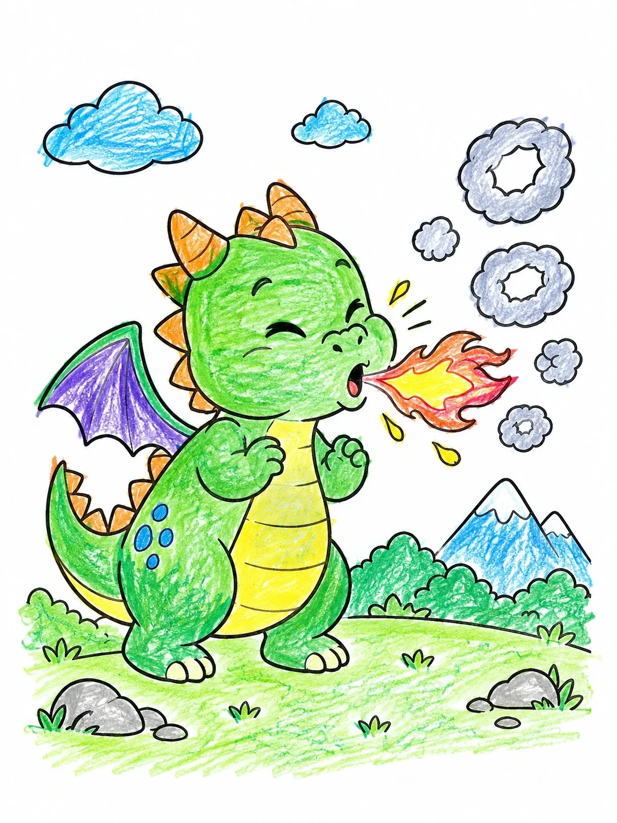 Colored example of the Cute Baby Dragon Puffing Flames coloring page