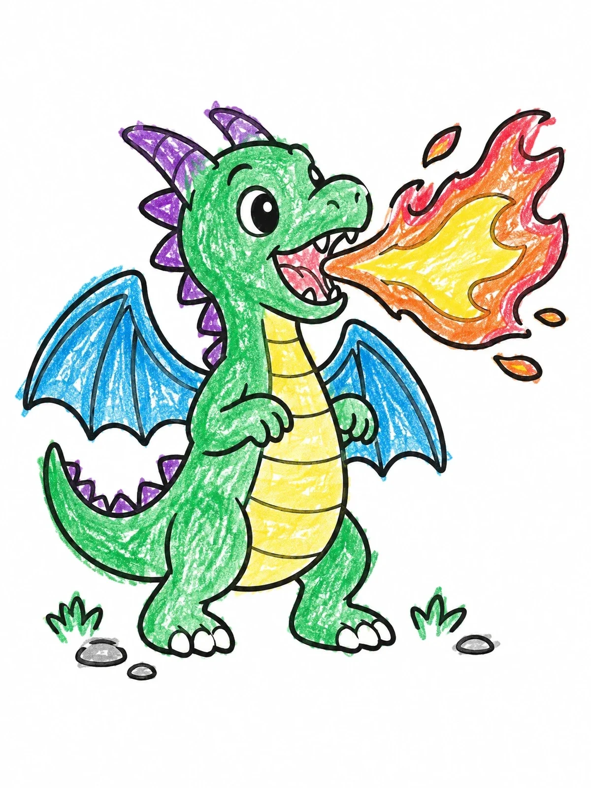 Colored example of the Cute Baby Dragon Breathing Flames coloring page