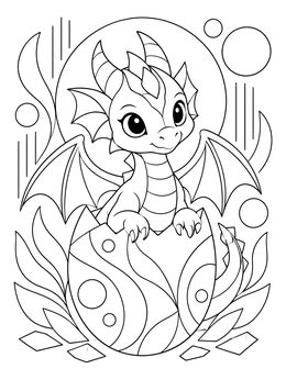 A cute baby dragon coloring page featuring a tiny hatchling sitting inside a cracked shell.