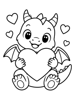 Free printable Cute Baby Dragon Holding Heart coloring page