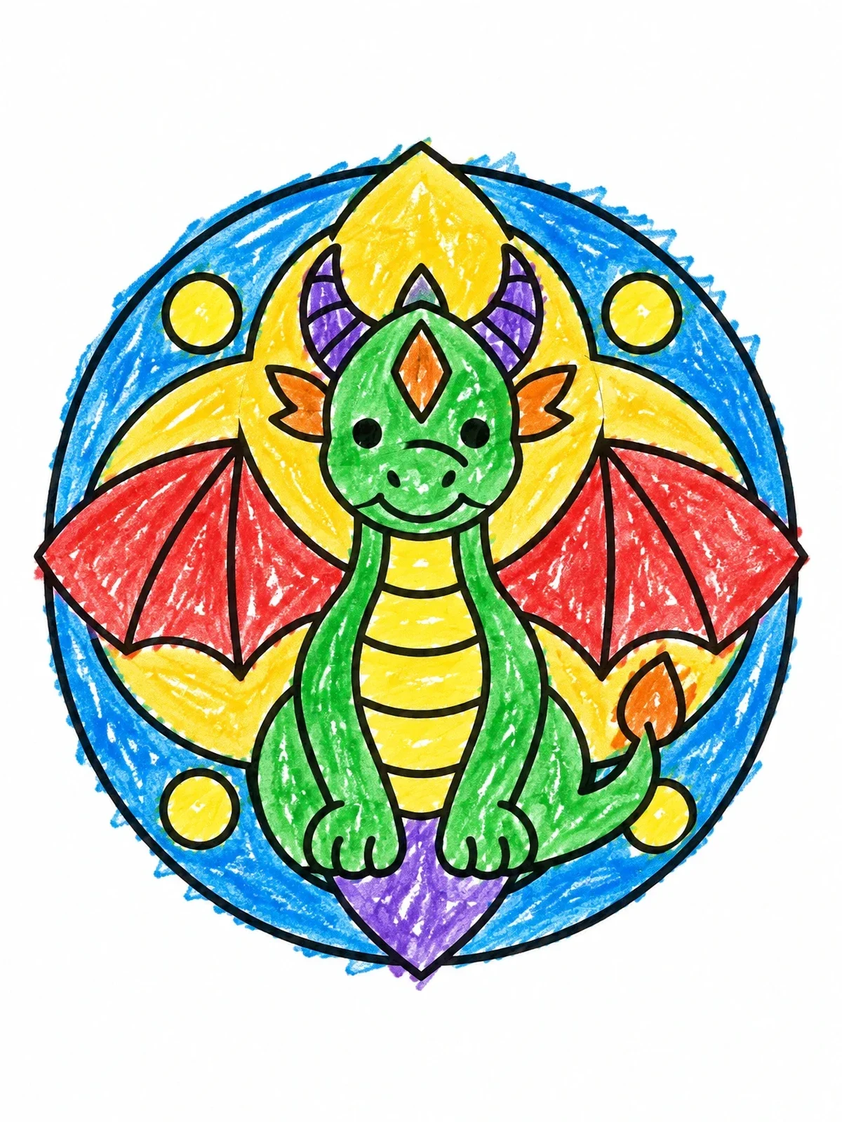 Colored example of the Cute Dragon In Circular Mandala coloring page