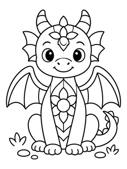 A sweet dragon coloring page featuring a sitting baby dragon with flower patterns.