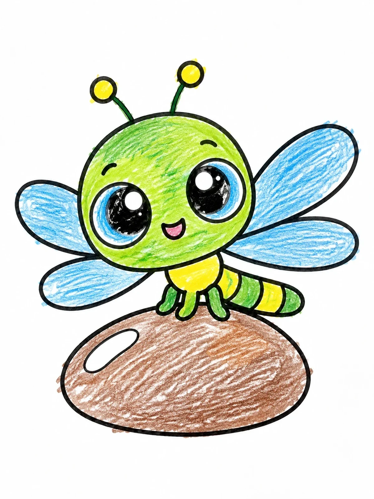 Colored example of the Cute Baby Dragonfly On A Pebble coloring page