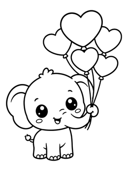 Free printable Cute Baby Elephant With Heart Balloons coloring page