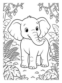 A cheerful baby elephant coloring page surrounded by tropical jungle plants.