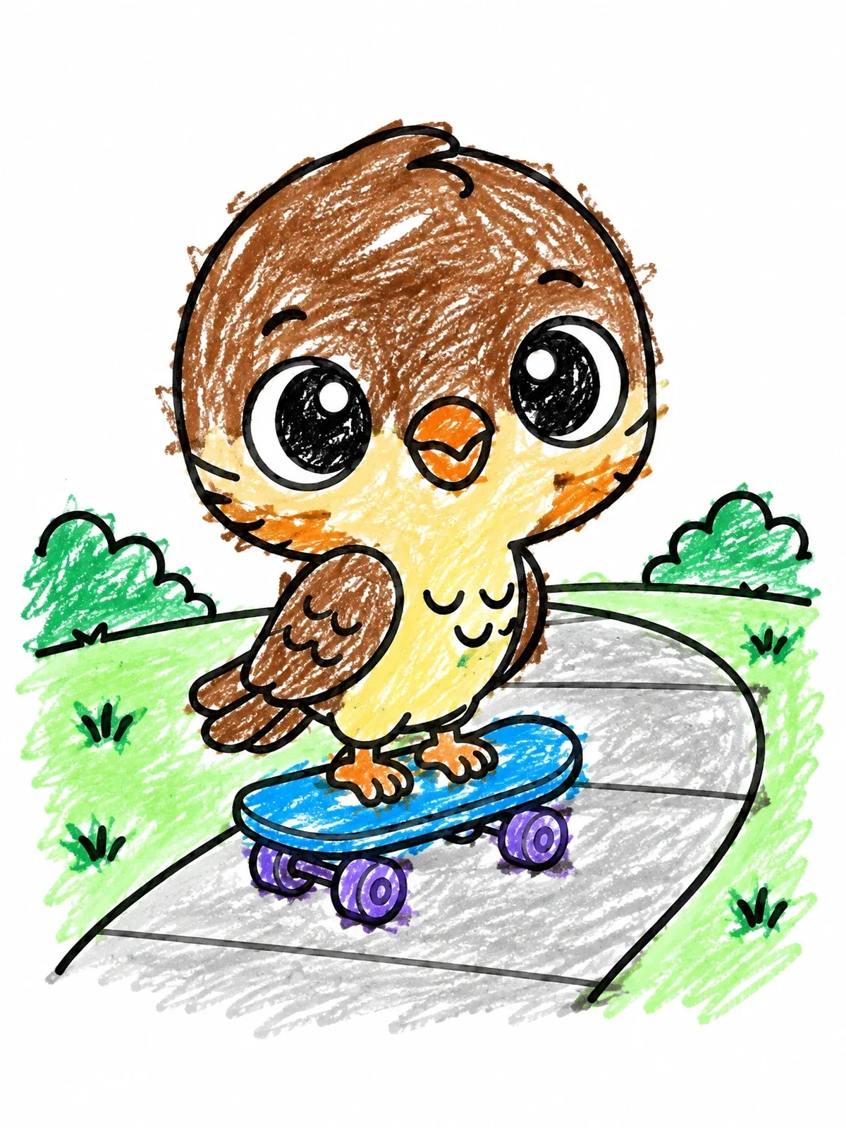 Colored example of the Cute Baby Falcon On A Skateboard coloring page